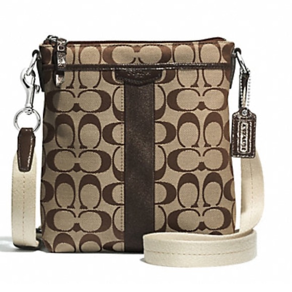 Coach Handbags - Coach Authentic SIGNATURE STRIPE NORTH/SOUTH
SWINGPACK -VGUC🤎​